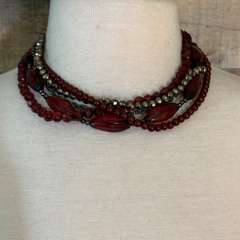 Red Multi-Strand Beaded Necklace Gunmetal Tone Chain Marquise Accents